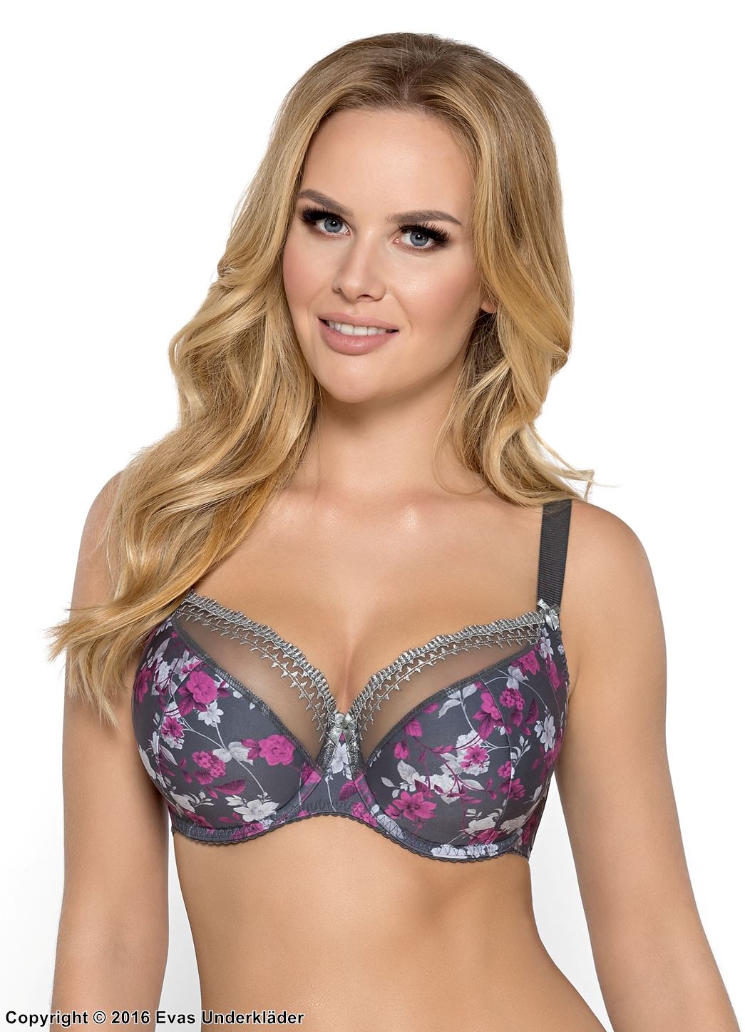 Full cup bra, embroidery, sheer inlays, flowers